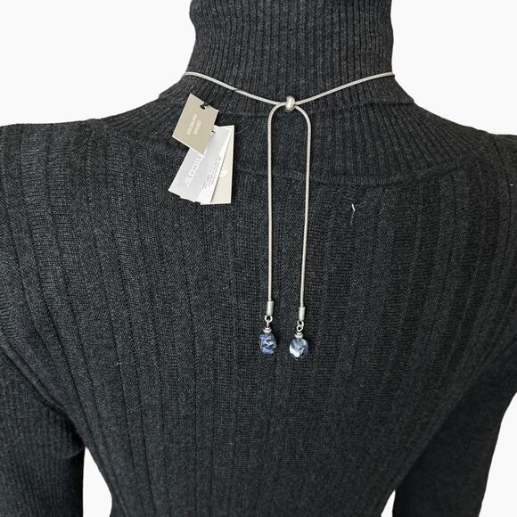 Chicos Beaded Pendant Necklace Tags Blue Silver Tone Pull Adjustable Slide Chain - Picture 6 of 10